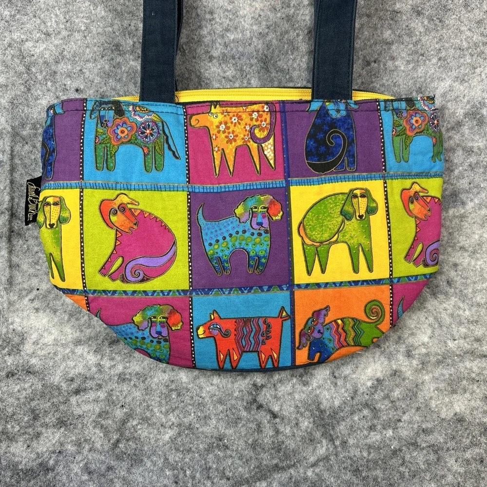 LAUREL BURCH Medium Canvas Dog Bag Purse Shoulder Tote W/ Zip Top AOP Dogs‎